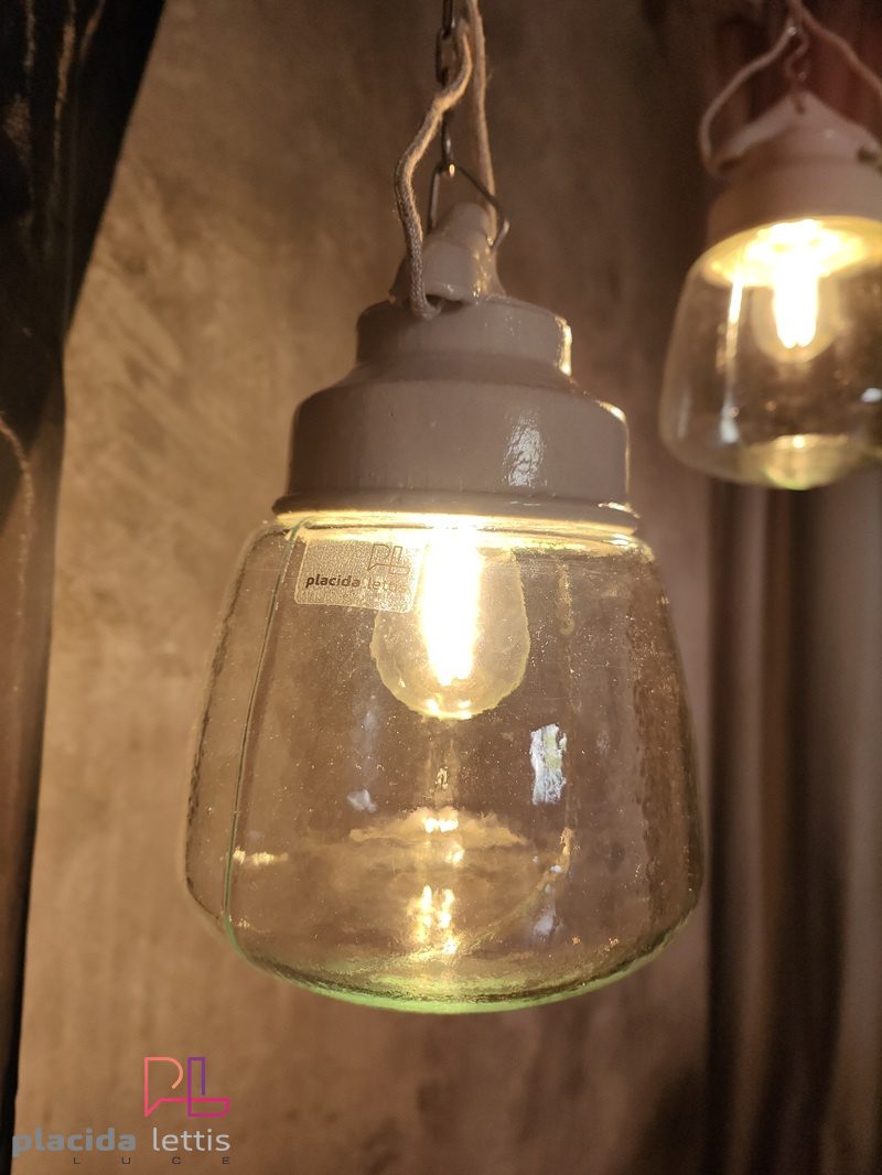 Lampada a sospensione vintage originale in ceramica e vetro a goccia – dettaglio 7