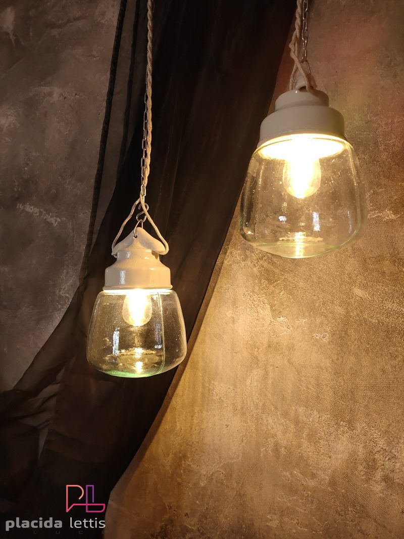 Lampada a sospensione vintage originale in ceramica e vetro a goccia – dettaglio 13
