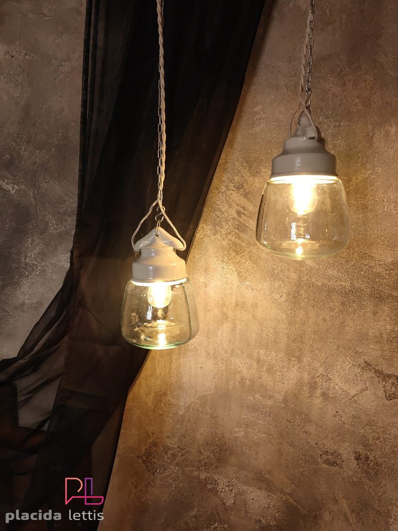 Lampada a sospensione vintage originale in ceramica e vetro a goccia – dettaglio 14