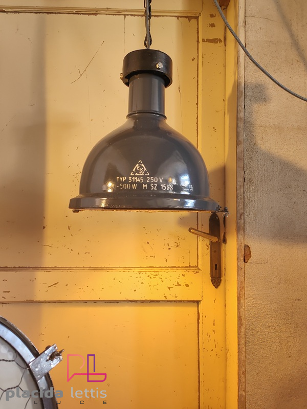 Lampada a sospensione vintage originale blu-grigia con griglia, anni '50 – dettaglio 20