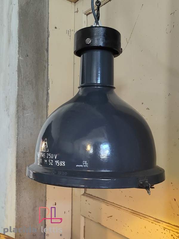 Lampada a sospensione vintage originale blu-grigia con griglia, anni '50 – dettaglio 11