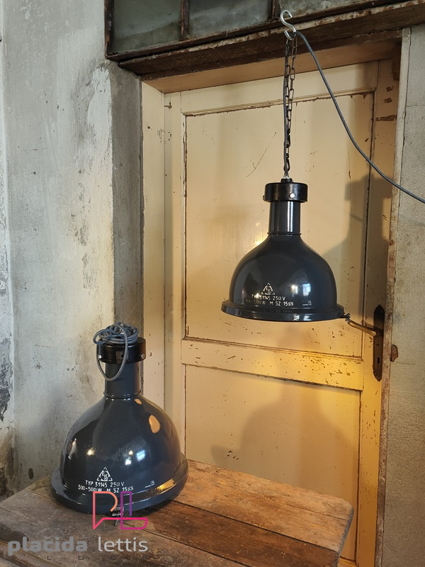 Lampada a sospensione vintage originale blu-grigia con griglia, anni '50 – dettaglio 13