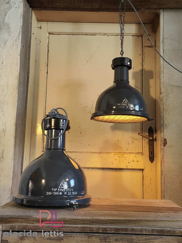 Lampada a sospensione vintage originale blu-grigia con griglia, anni '50 – dettaglio 14