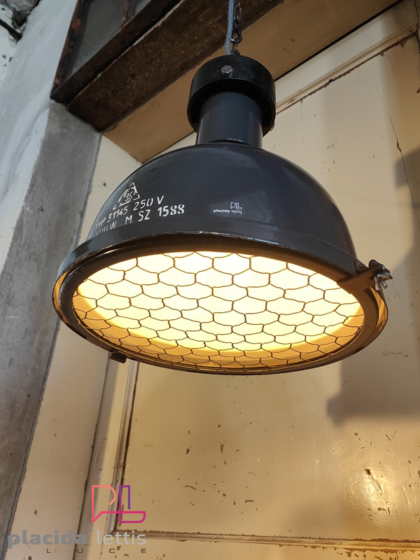 Lampada a sospensione vintage originale blu-grigia con griglia, anni '50 – dettaglio 15