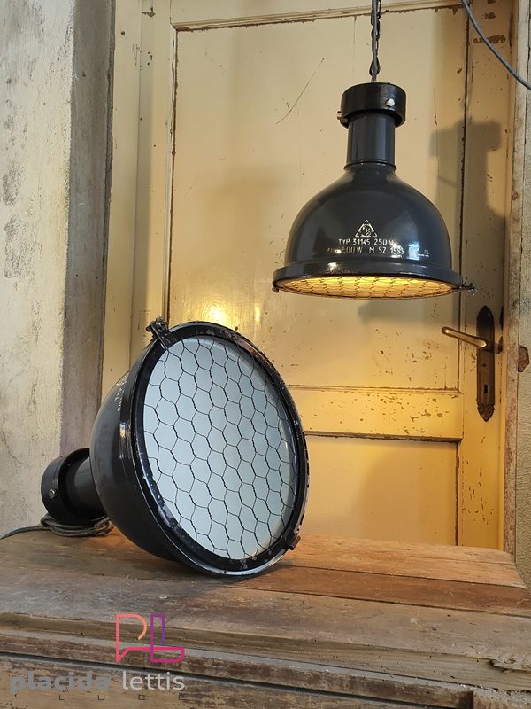 Lampada a sospensione vintage originale blu-grigia con griglia, anni '50 – dettaglio 5