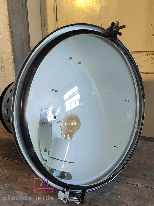 Lampada a sospensione vintage originale blu-nera, vetro curvo, anni '50 – dettaglio 7