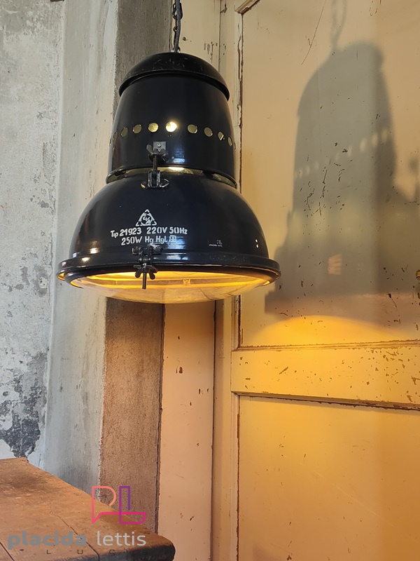 Lampada a sospensione vintage originale blu-nera, vetro curvo, anni '50 – dettaglio 11