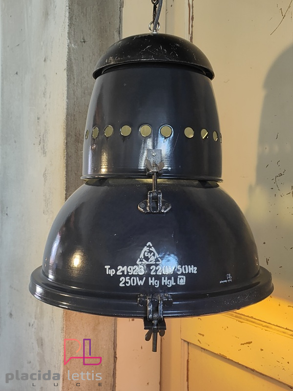 Lampada a sospensione vintage originale blu-nera, vetro curvo, anni '50 – dettaglio 12