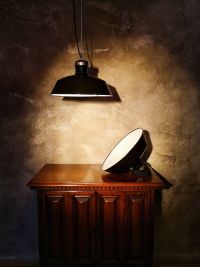 Original vintage pendant light in glossy black, Poland 1950s – thumbnail 2