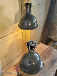 Lampada a sospensione vintage originale blu-grigia con griglia, anni '50 – miniatura 3