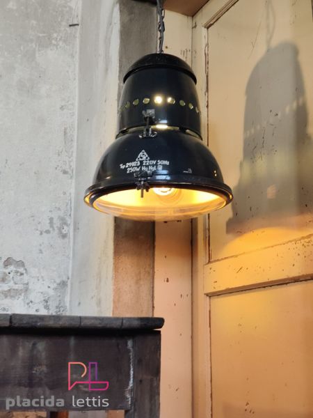 Lampada a sospensione vintage originale blu-nera, vetro curvo, anni '50