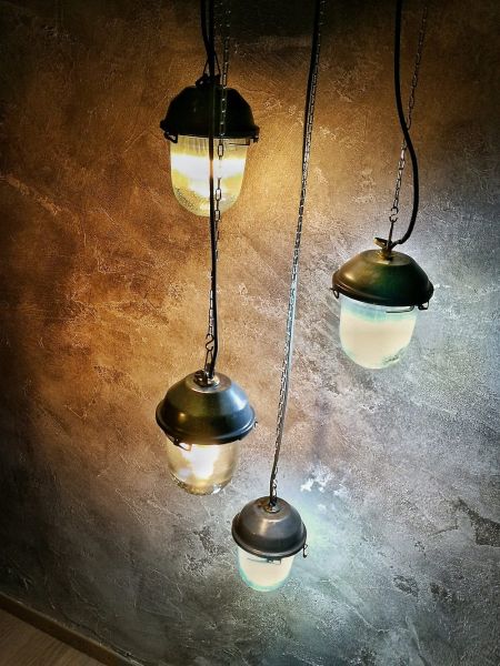 Lampada a sospensione vintage originale con vetro rigato, anni '70-'80